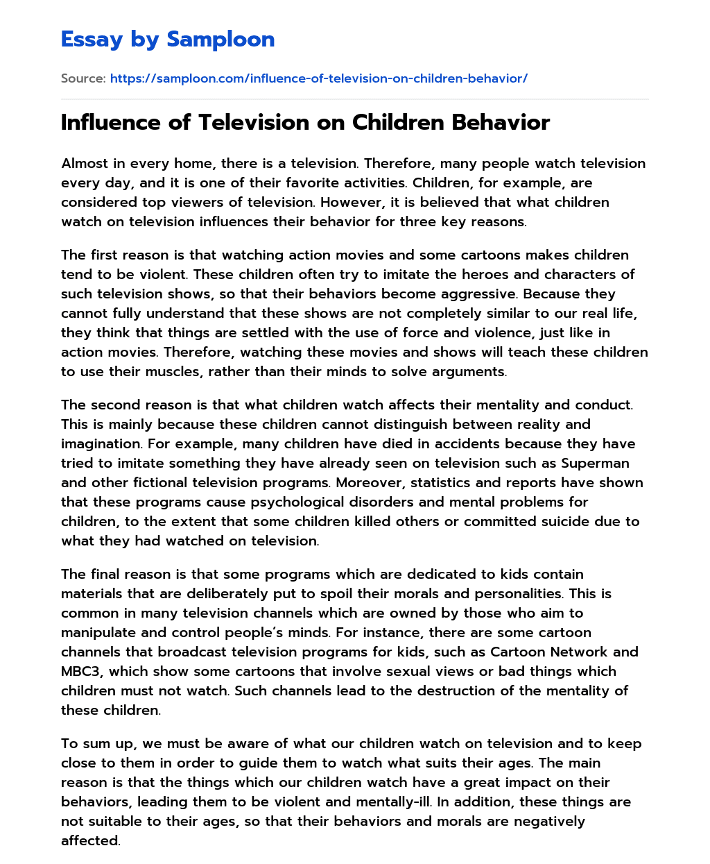 ≫ Influence of Television on Children Behavior Free Essay Sample on