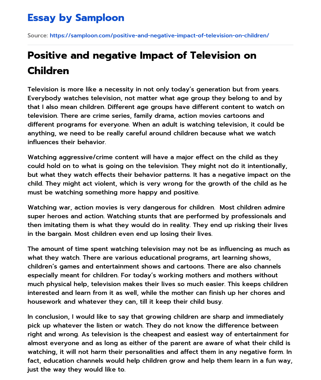 ≫ Positive and negative Impact of Television on Children Free Essay