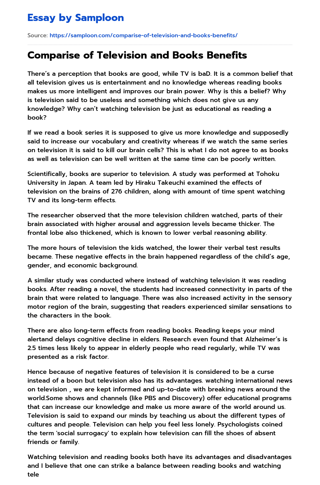 ≫ Comparise of Television and Books Benefits Free Essay Sample on