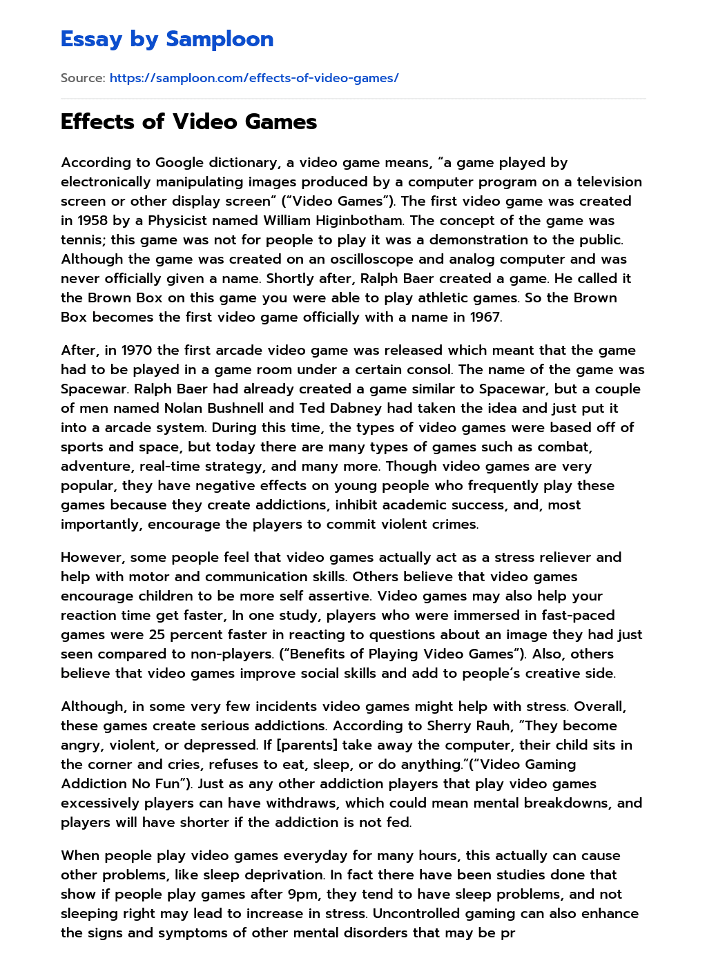 ≫ Effects of Video Games Free Essay Sample on