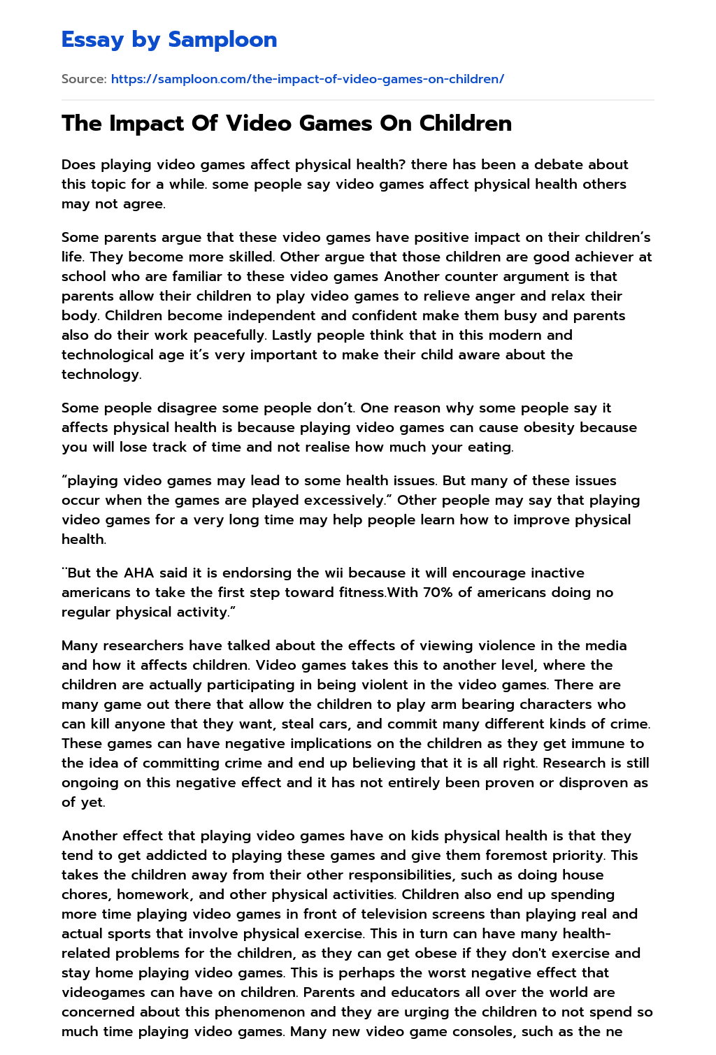 ≫ The Impact Of Video Games On Children Free Essay Sample on