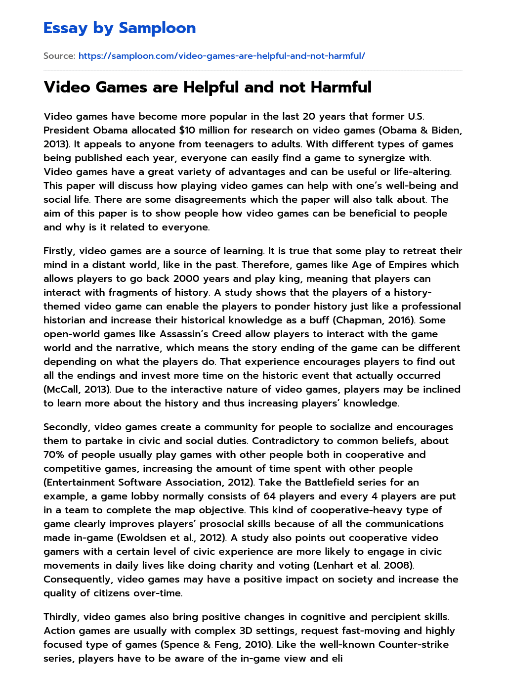 ≫ Video Games are Helpful and not Harmful Free Essay Sample on