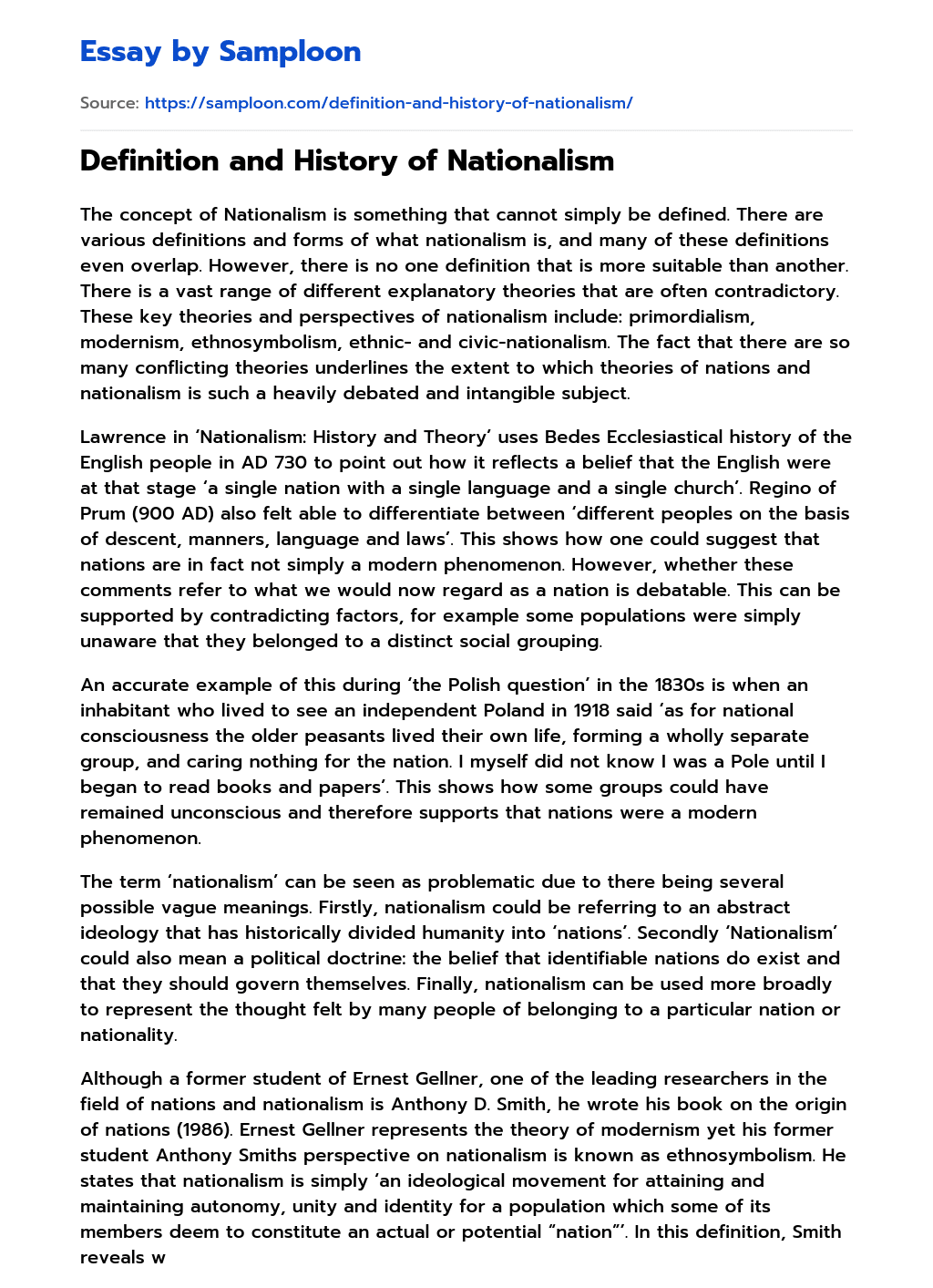 Definition and History of Nationalism Argumentative Essay on