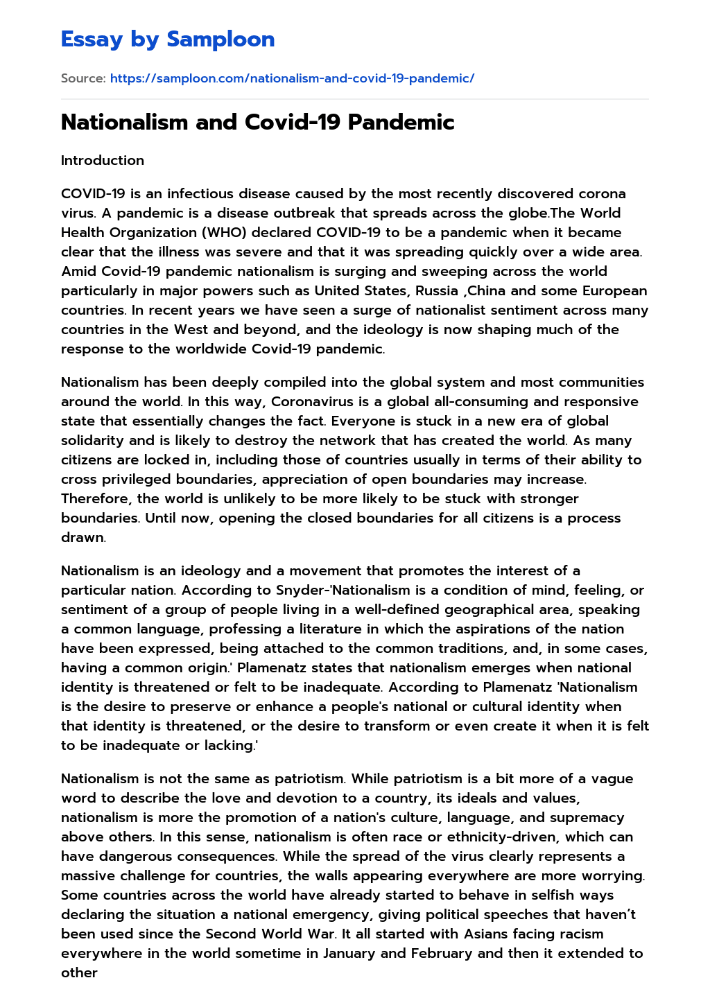 ≫ Nationalism and Covid19 Pandemic Free Essay Sample on