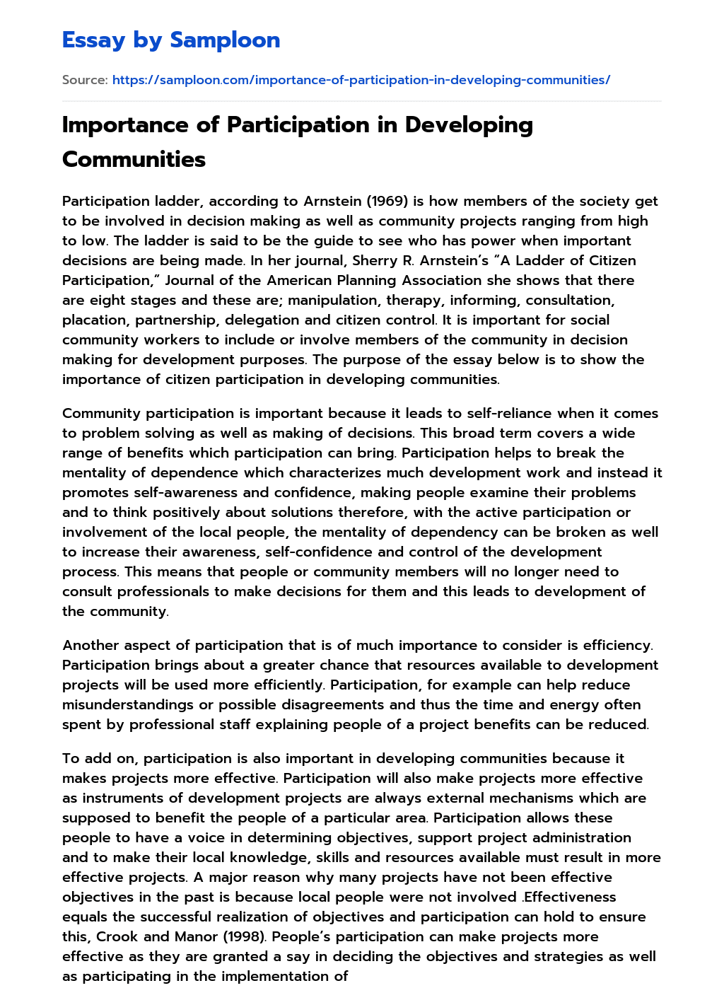 ≫ Importance of Participation in Developing Communities Free Essay