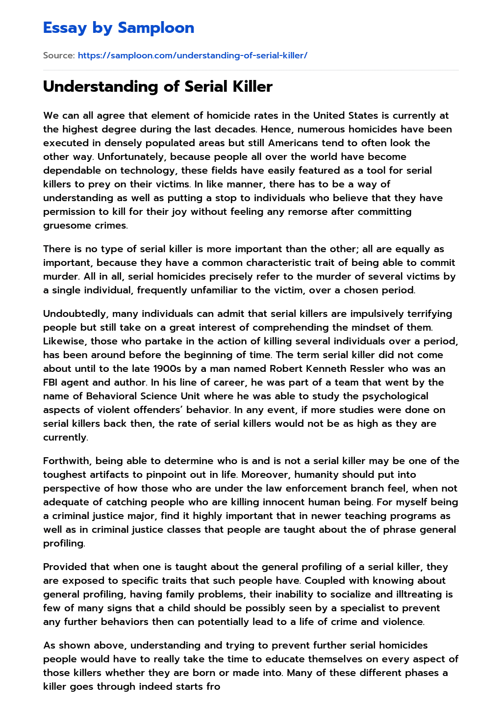 ≫ Understanding of Serial Killer Free Essay Sample on