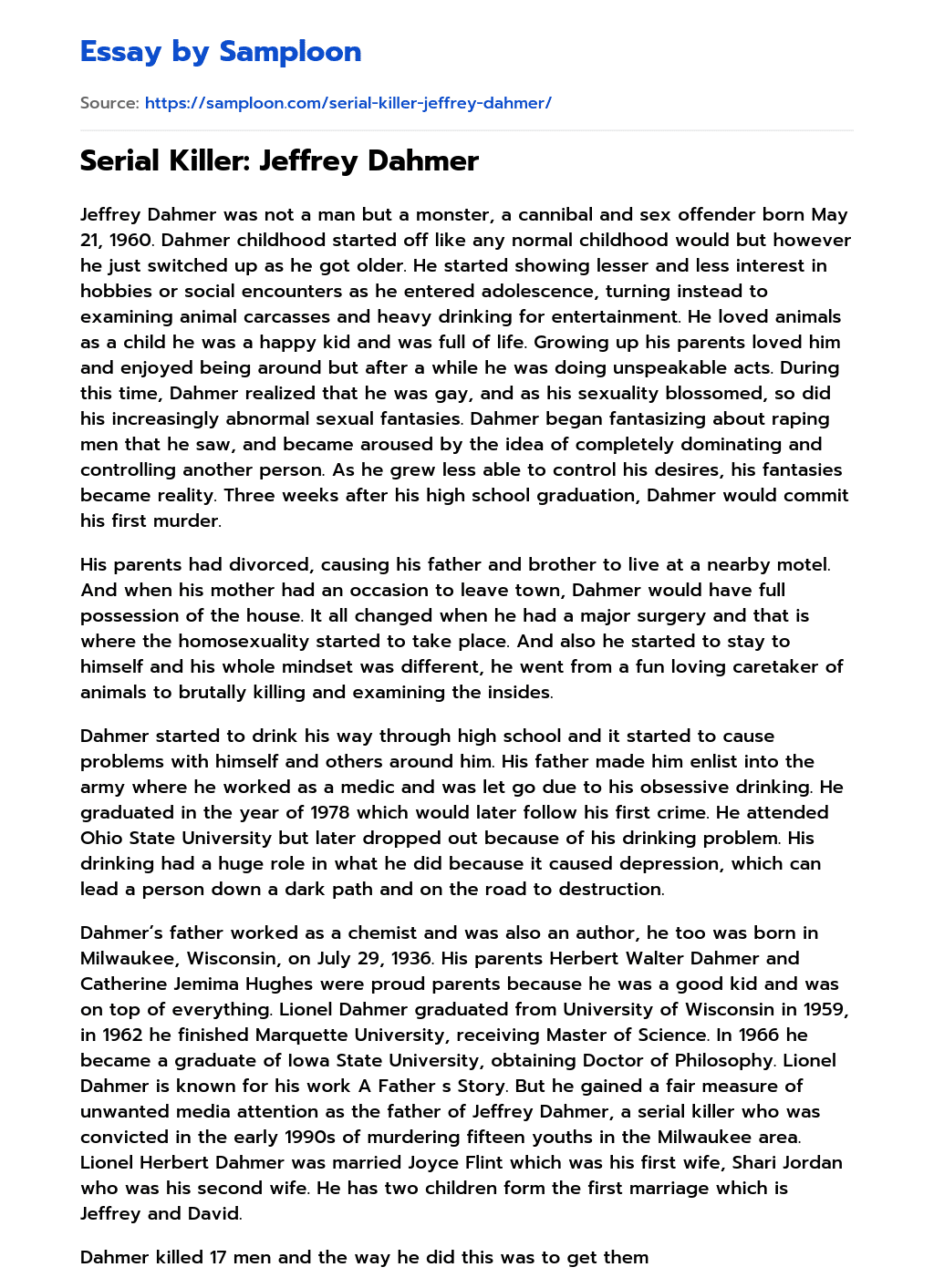 ≫ Serial Killer Jeffrey Dahmer Free Essay Sample on