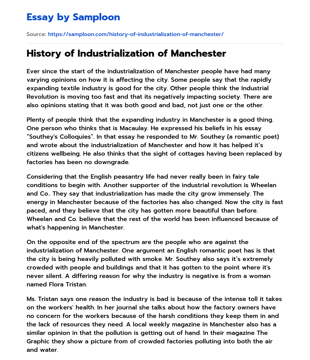 ≫ History of Industrialization of Manchester Free Essay Sample on