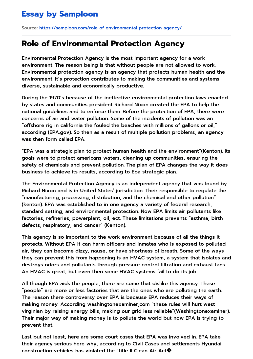 ≫ Role of Environmental Protection Agency Free Essay Sample on