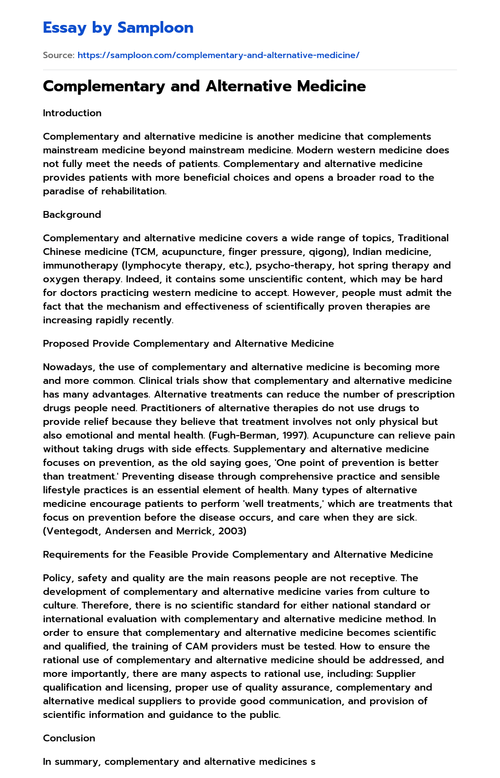 ≫ Complementary and Alternative Medicine Free Essay Sample on
