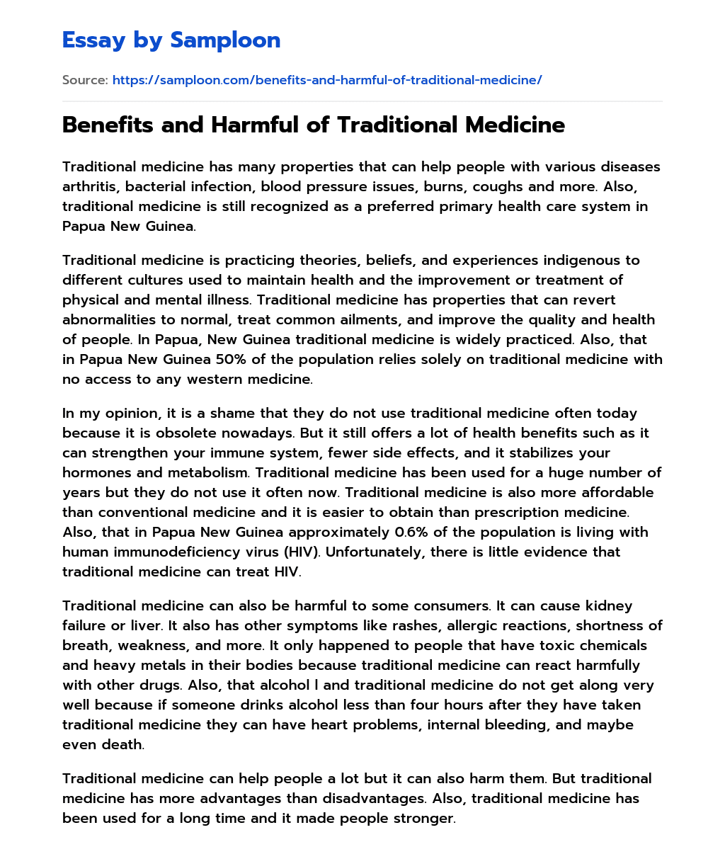 ≫ Benefits and Harmful of Traditional Medicine Free Essay Sample on
