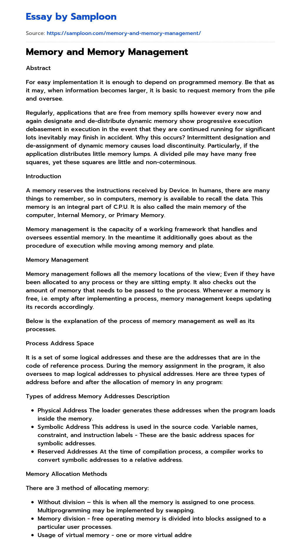 ≫ Memory and Memory Management Free Essay Sample on