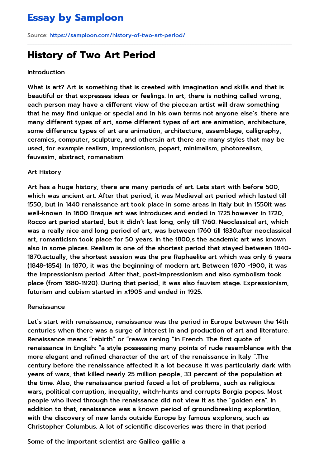 ≫ History of Two Art Period Free Essay Sample on