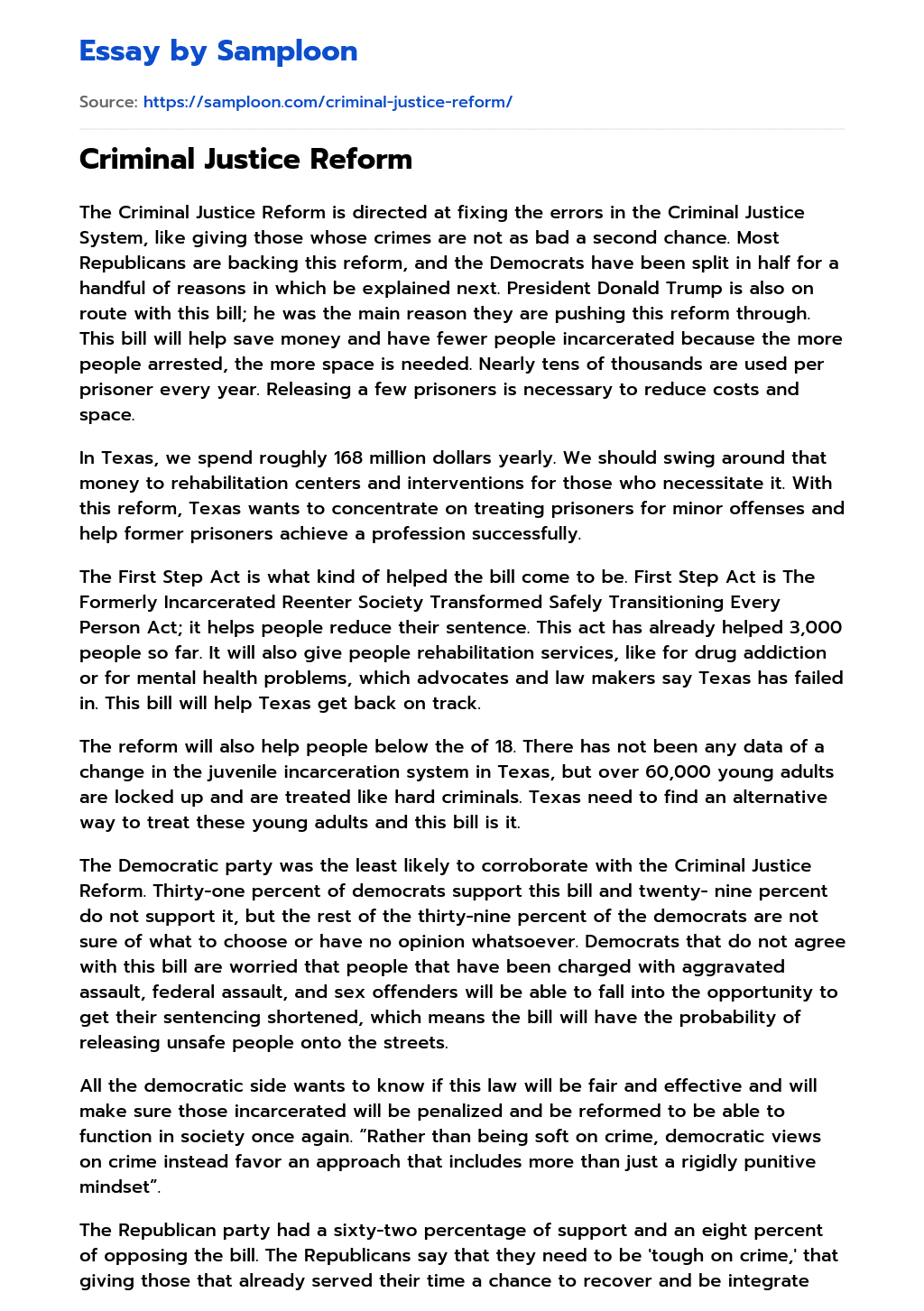 ≫ Criminal Justice Reform Free Essay Sample on