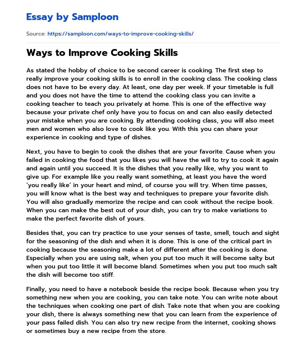 ≫ Ways to Improve Cooking Skills Free Essay Sample on