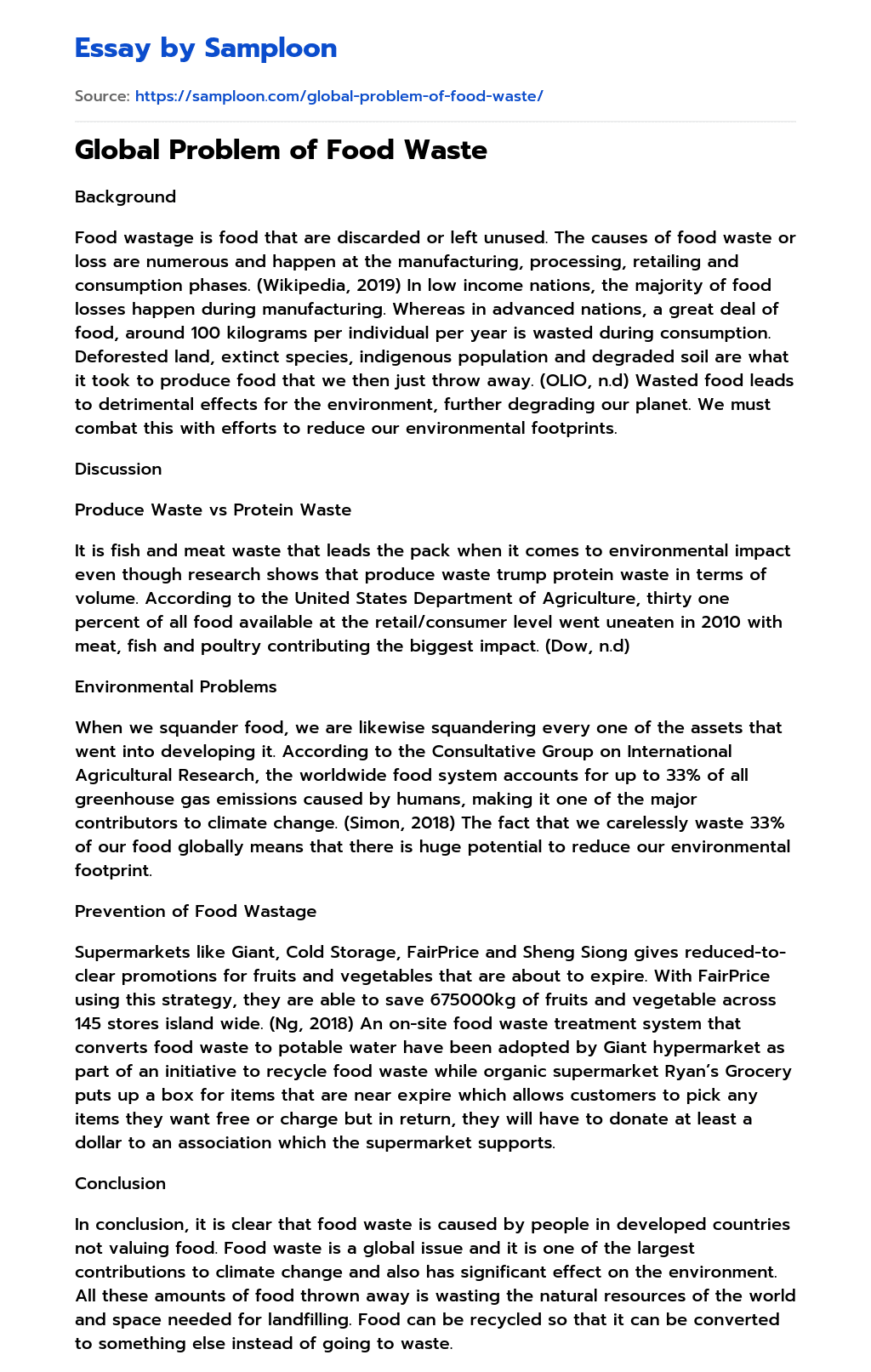 ≫ Global Problem of Food Waste Free Essay Sample on