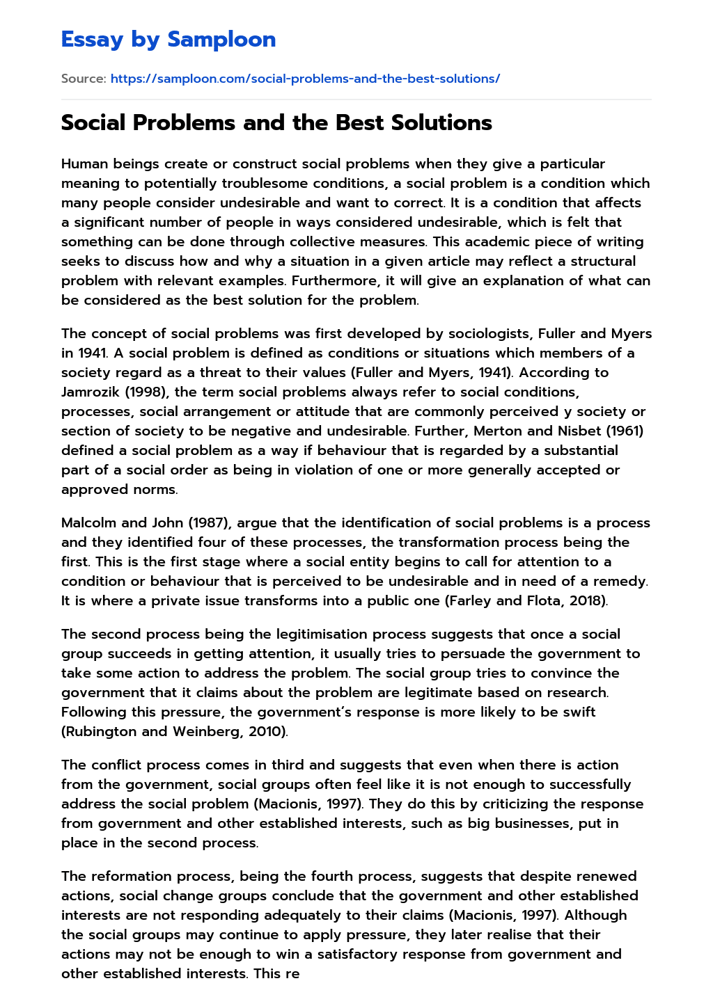 ≫ Social Problems and the Best Solutions Free Essay Sample on