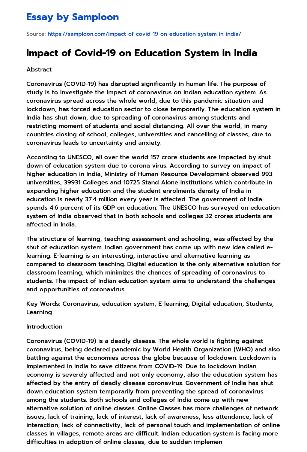 ≫ Impact of Covid19 on Education System in India Free Essay Sample on