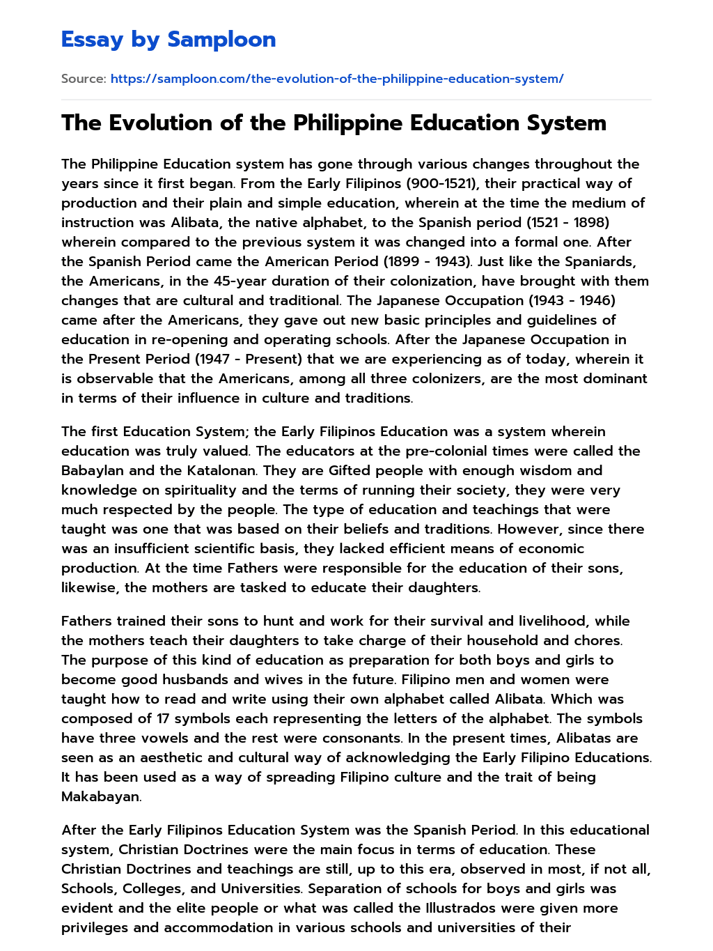 The Evolution of the Philippine Education System Free Essay Sample on