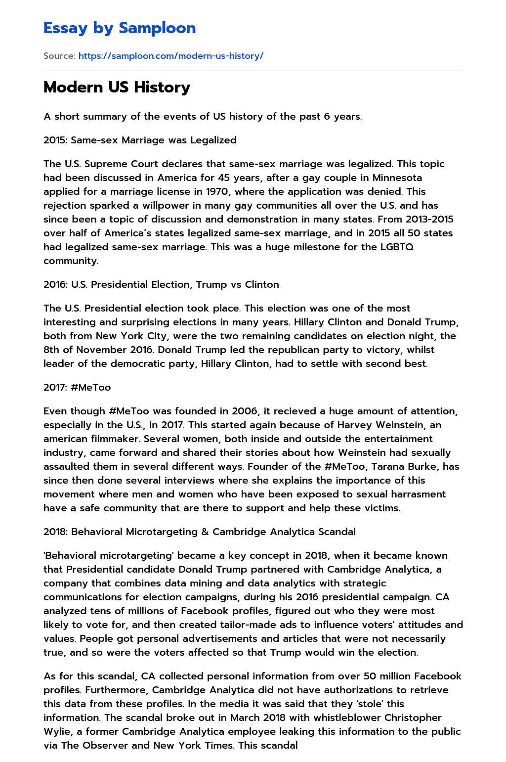 ≫ Modern US History Free Essay Sample on