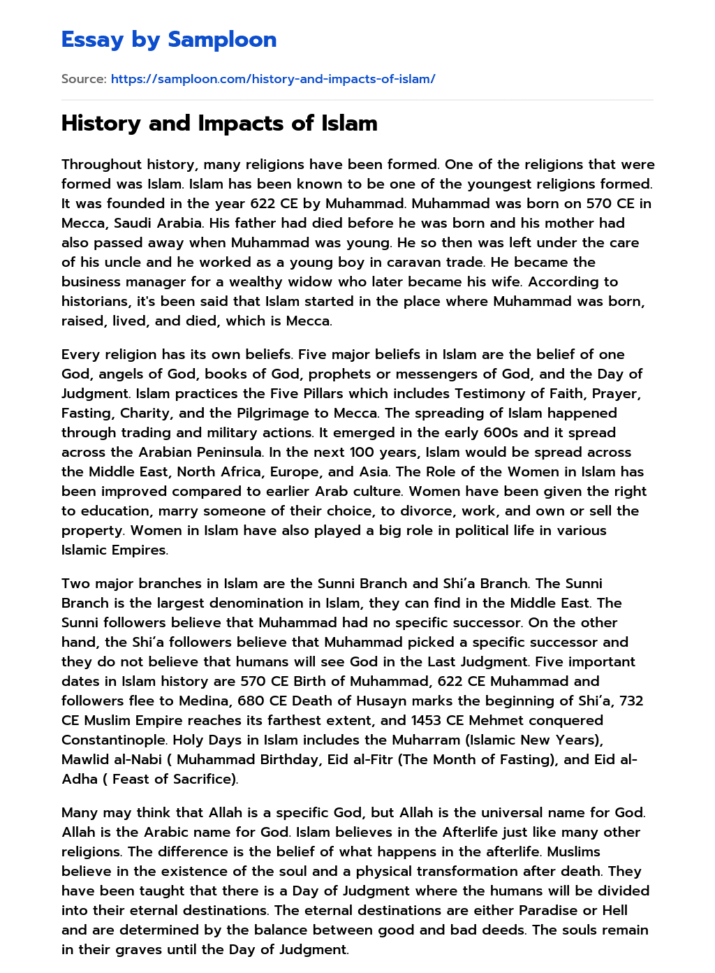 ≫ History and Impacts of Islam Free Essay Sample on