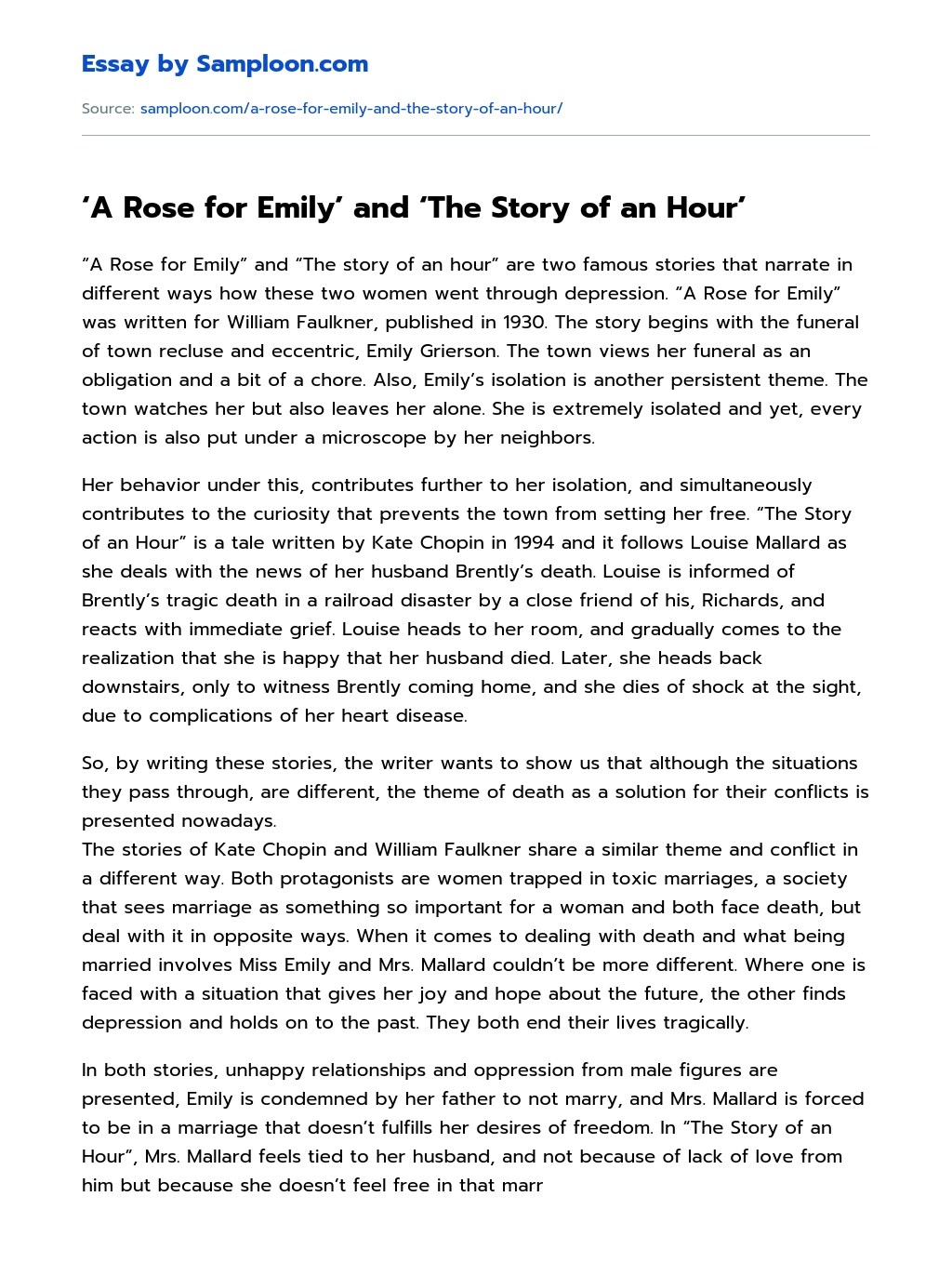 A Rose for Emily' and 'The Story of an Hour' Free Essay Sample on