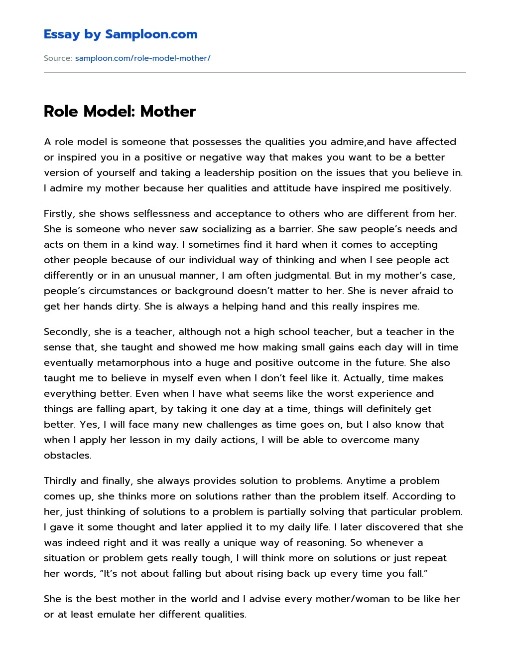 ≫ Role Model Mother Free Essay Sample on