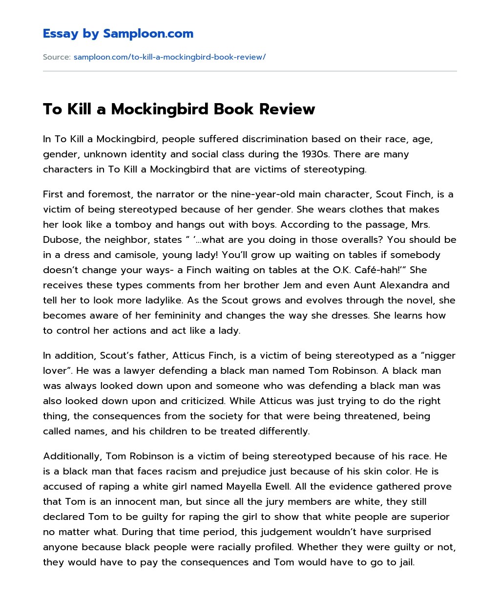≫ To Kill a Mockingbird Book Review Free Essay Sample on