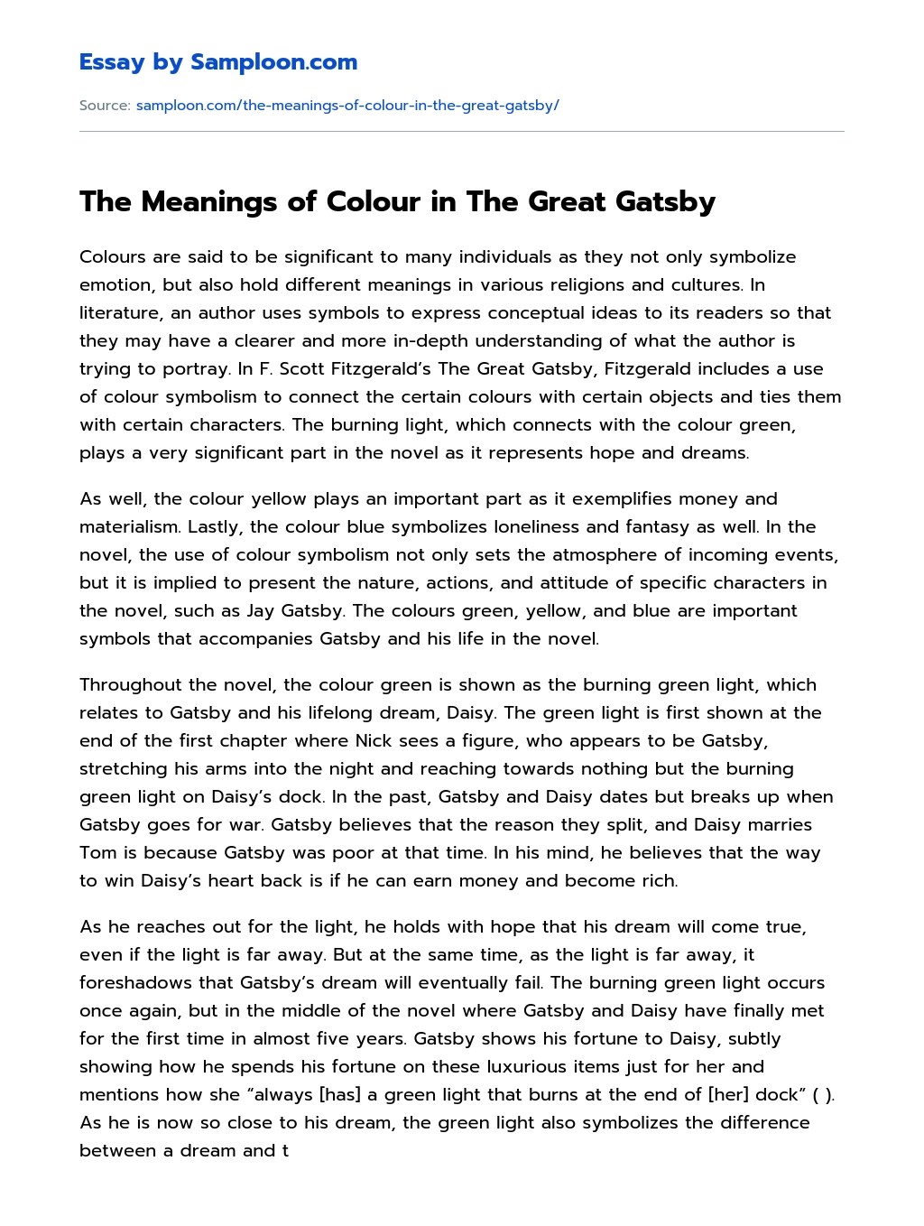 ≫ The Meanings of Colour in The Great Gatsby Free Essay Sample on