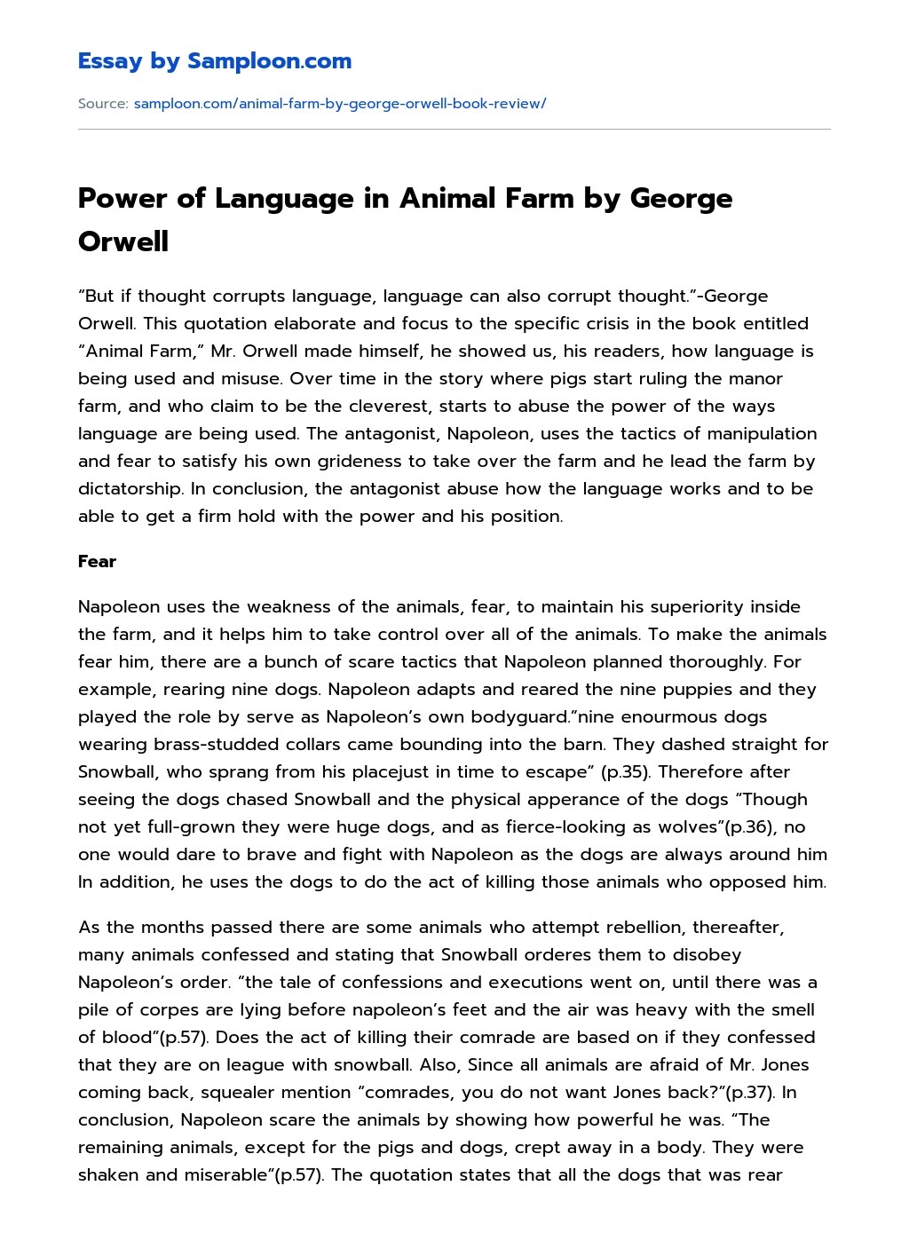 Power of Language in Animal Farm by Orwell Free Essay Sample on