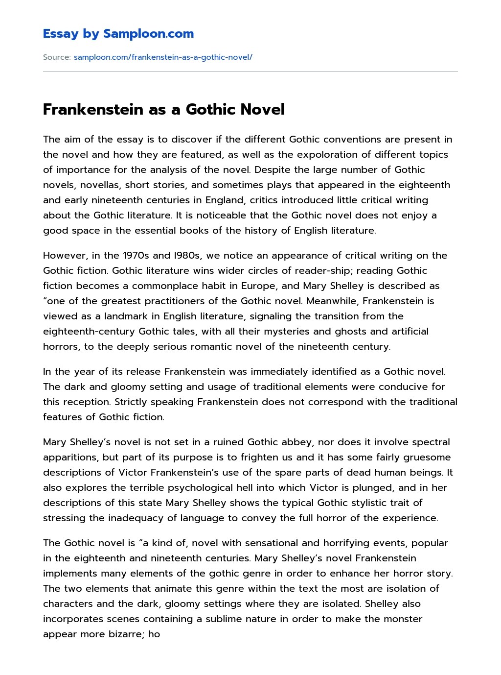 Frankenstein as a Gothic Novel Free Essay Sample on