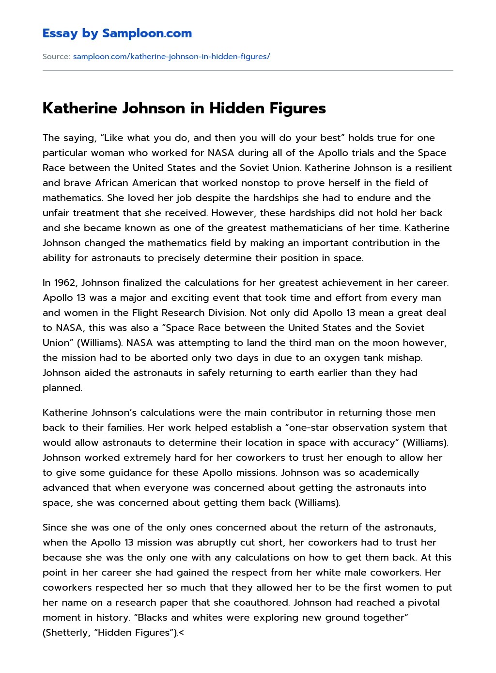 Katherine Johnson in Hidden Figures Free Essay Sample on
