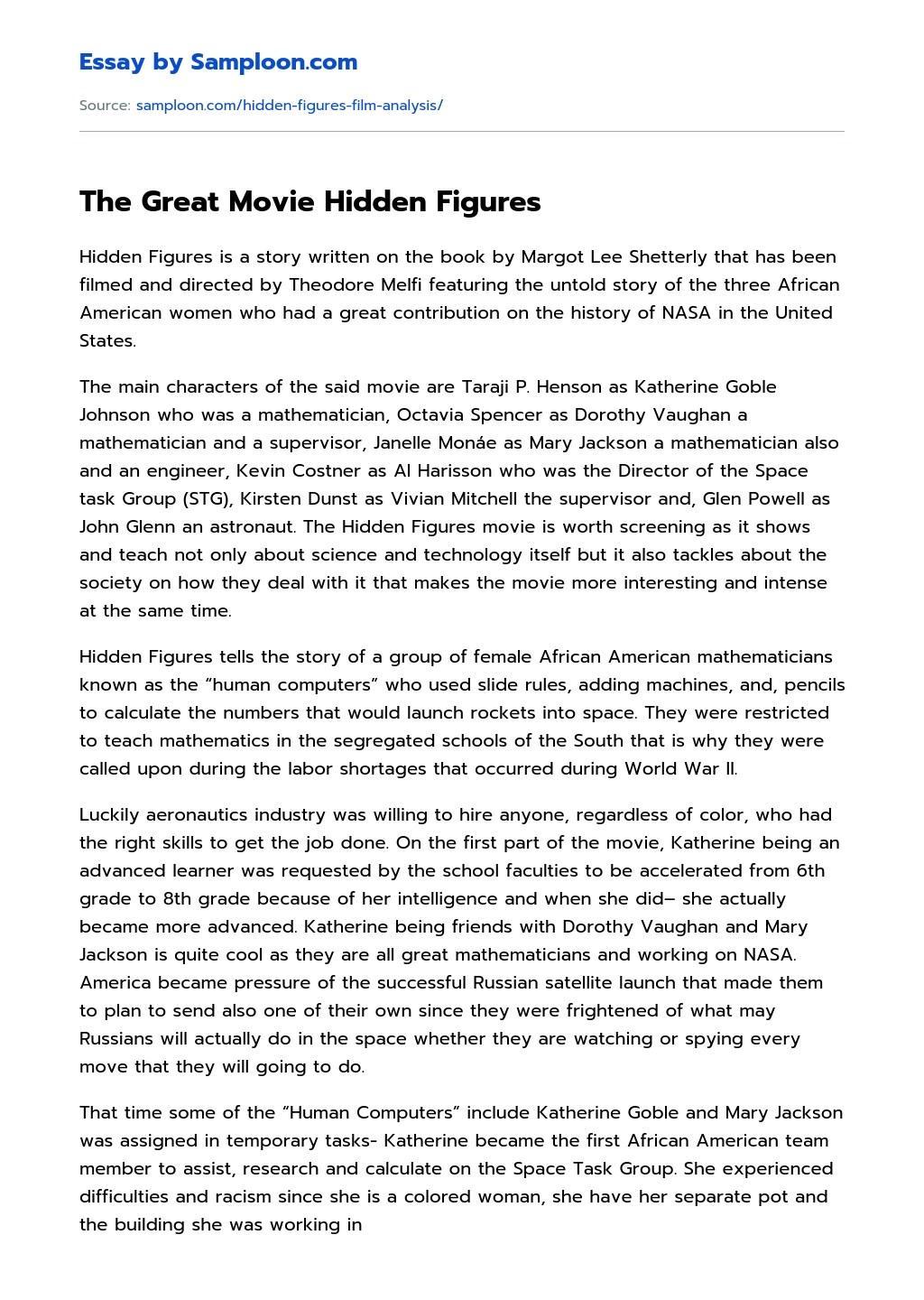 The Great Movie Hidden Figures Free Essay Sample on