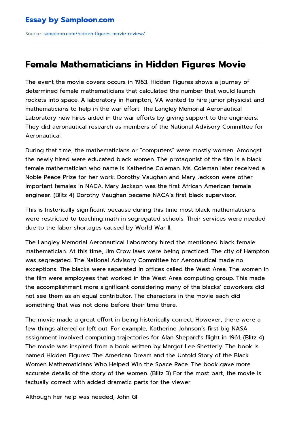 Female Mathematicians in Hidden Figures Movie Free Essay Sample on