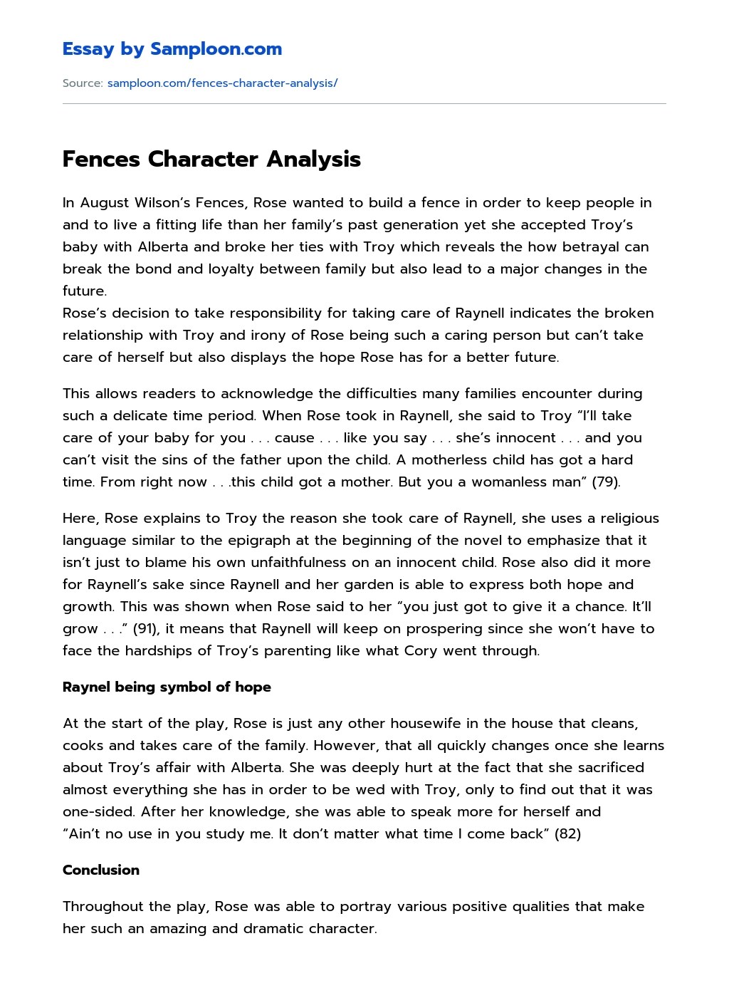 ≫ Fences Character Analysis Free Essay Sample on