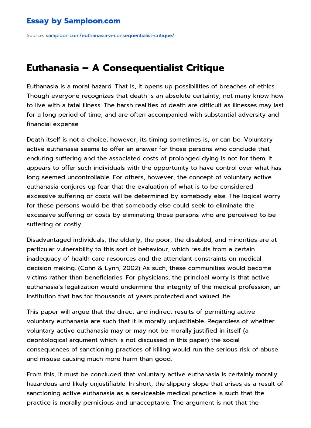 ≫ Euthanasia A Consequentialist Critique Free Essay Sample on