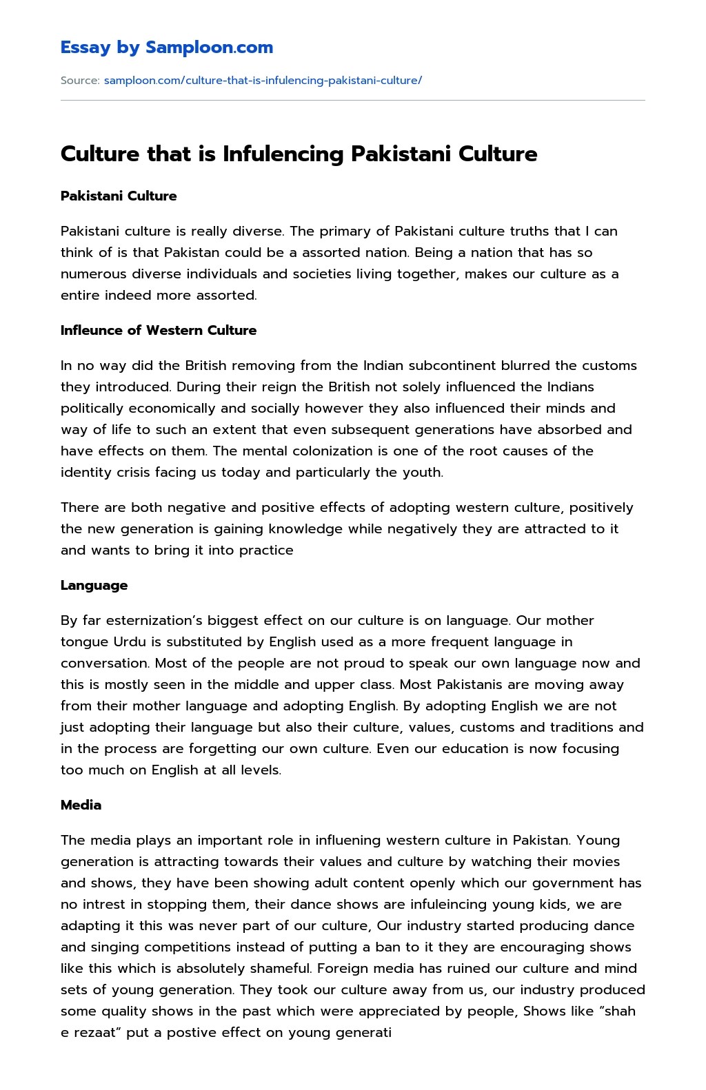 ≫ Culture that is Infulencing Pakistani Culture Free Essay Sample on