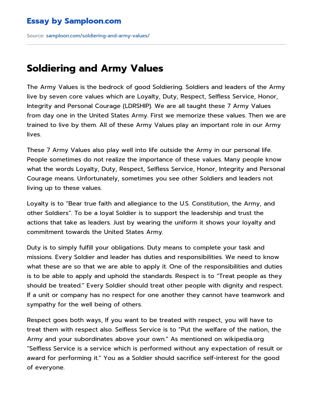Soldiering and Army Values Informative Essay on
