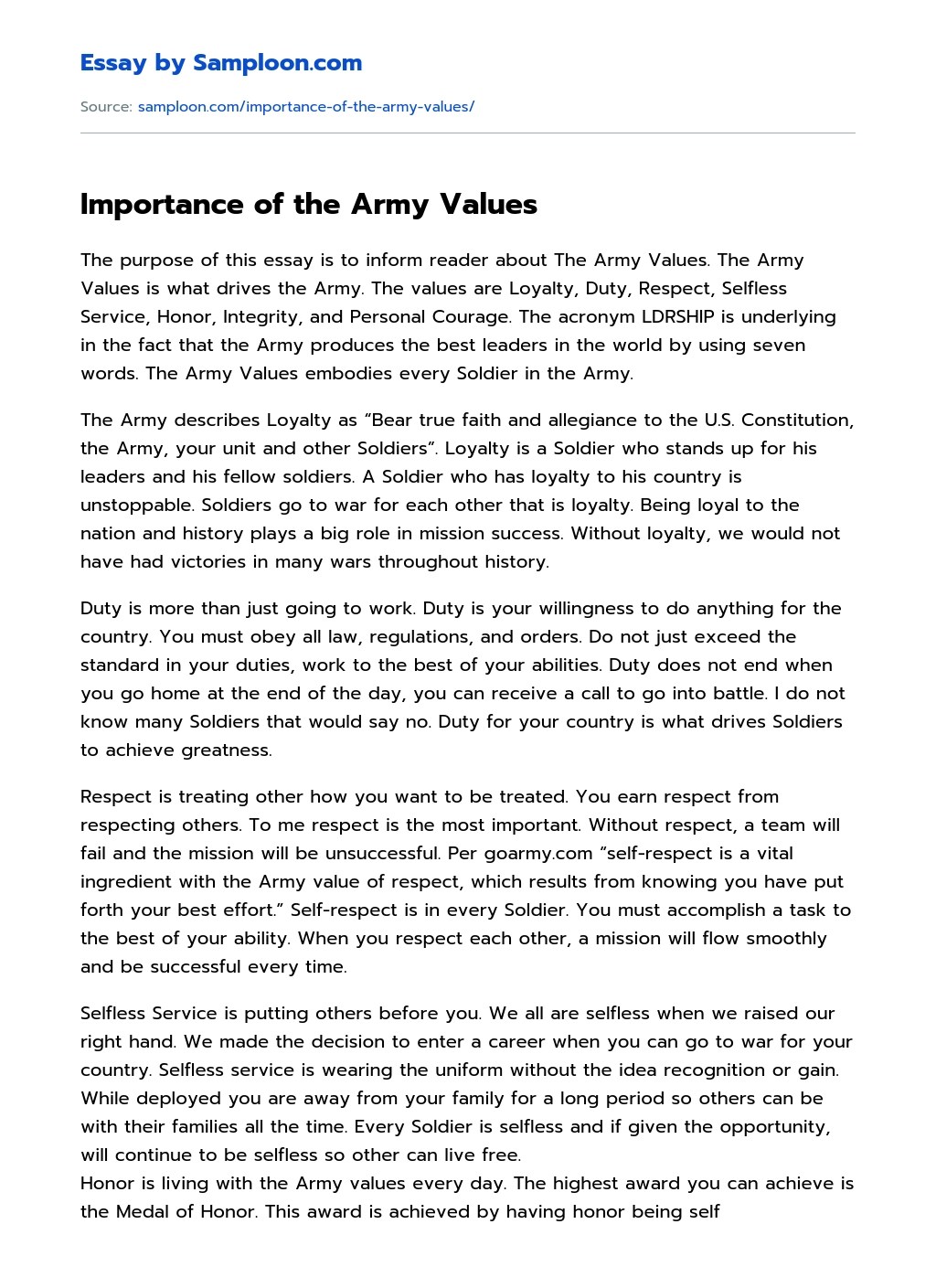 ≫ Importance of the Army Values Free Essay Sample on