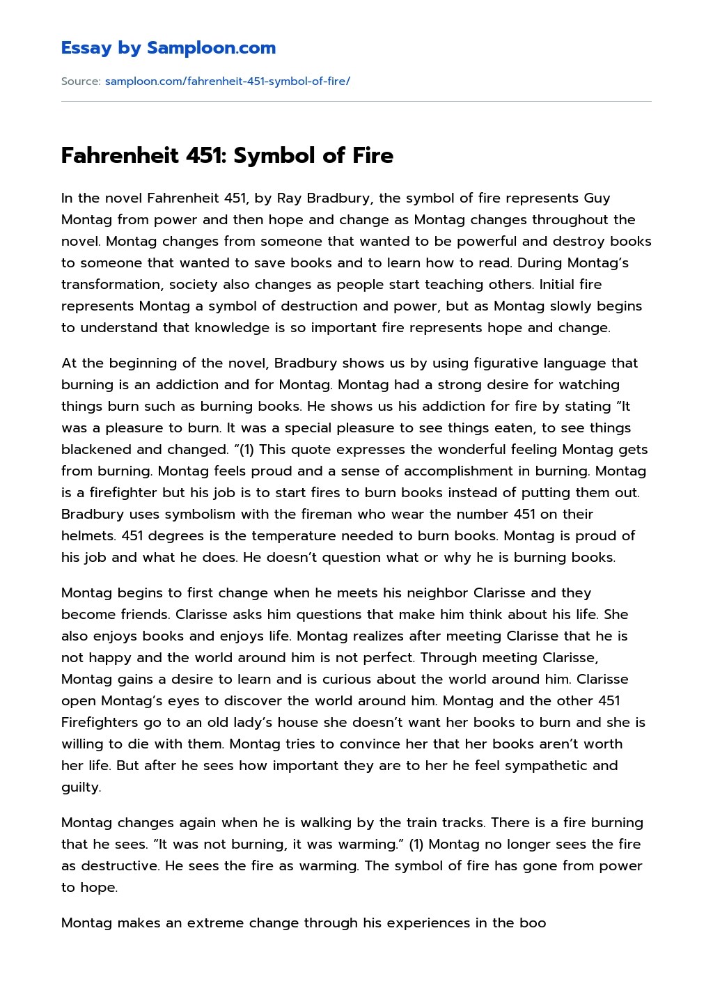 Fahrenheit 451 Symbol of Fire Analytical Essay on