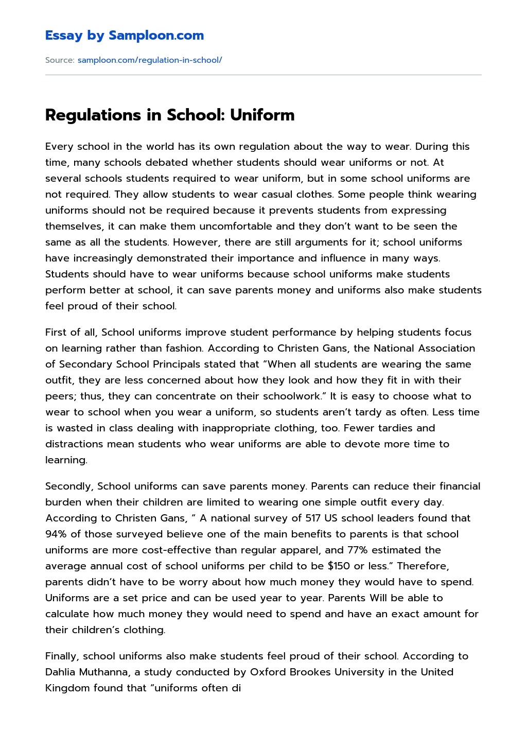 Regulations in School Uniform Argumentative Essay on