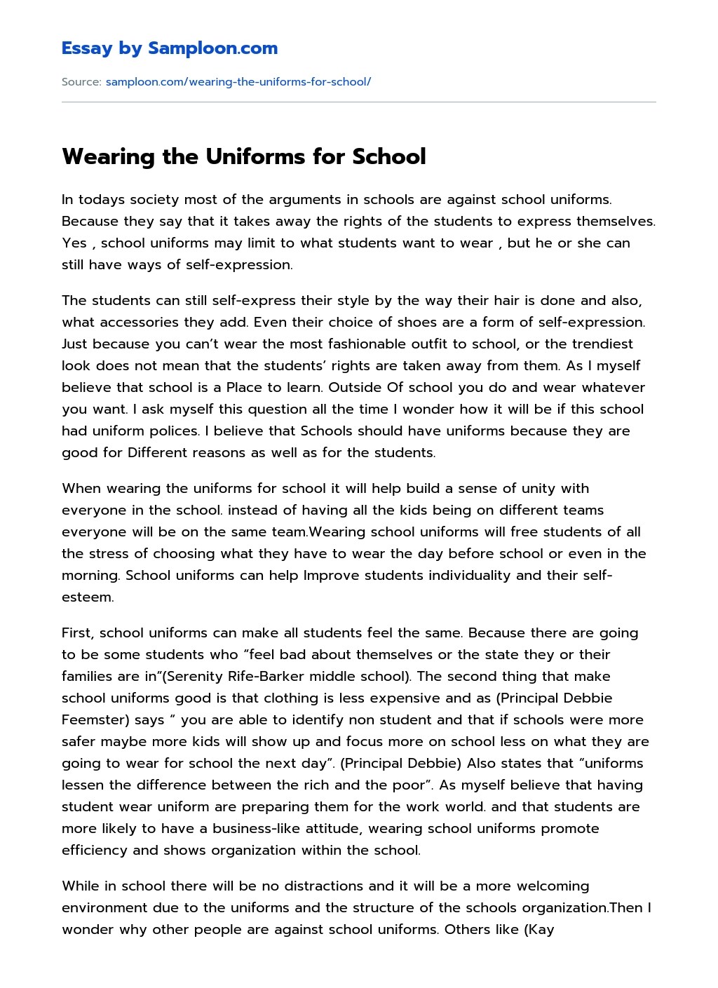 ≫ Wearing the Uniforms for School Free Essay Sample on