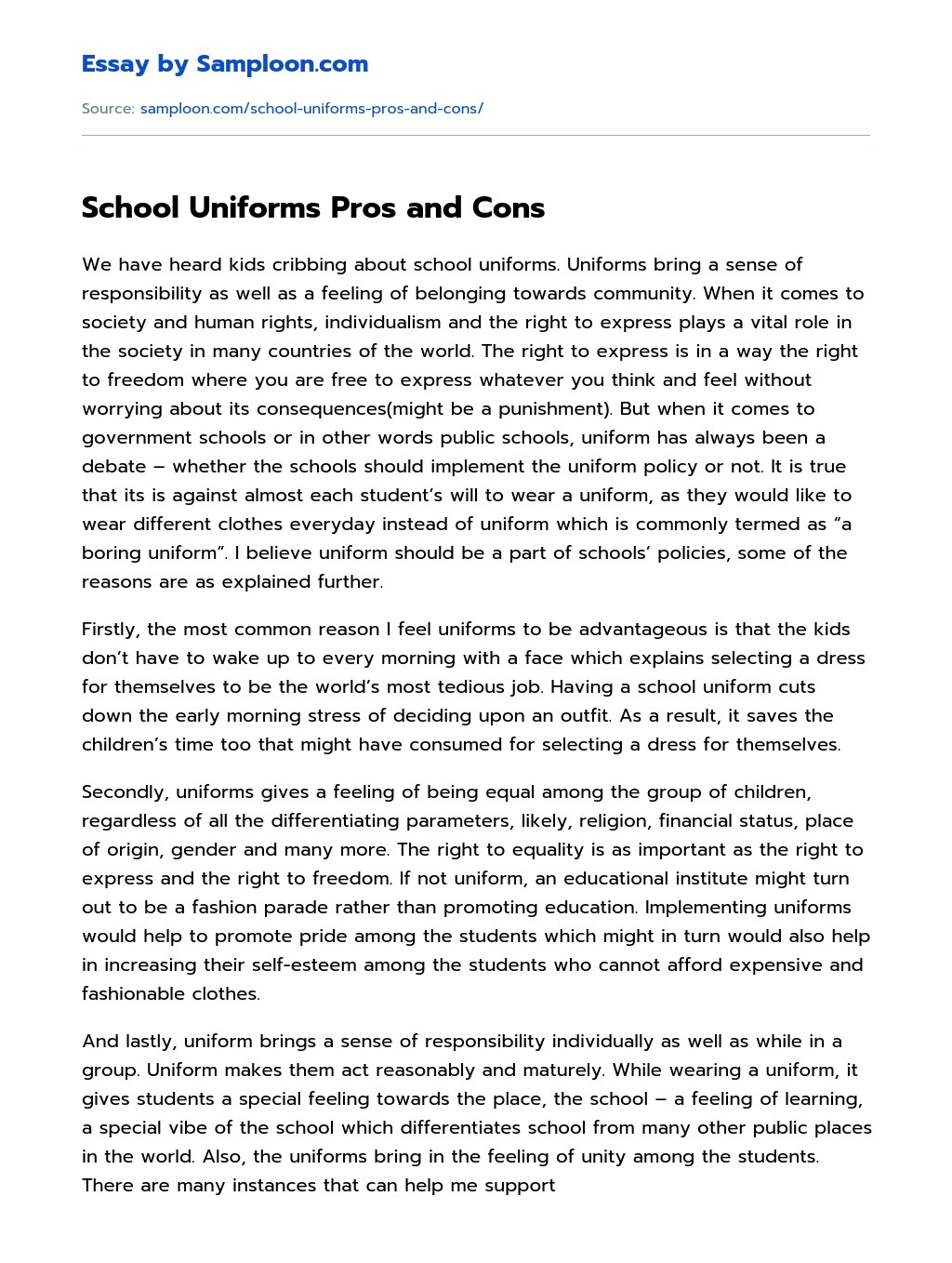 ≫ School Uniforms Pros and Cons Free Essay Sample on