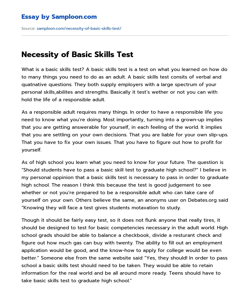 ≫ Necessity of Basic Skills Test Free Essay Sample on
