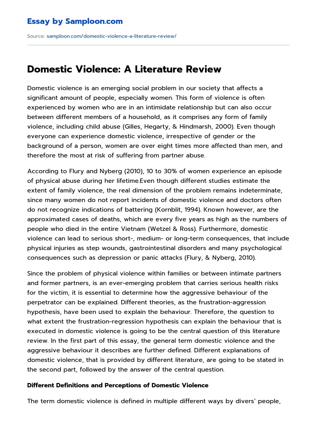 Domestic Violence A Literature Review Argumentative Essay on