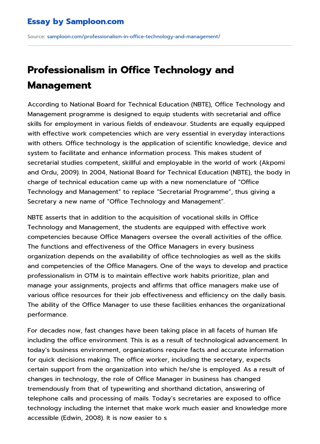 Professionalism in Office Technology and Management Argumentative Essay