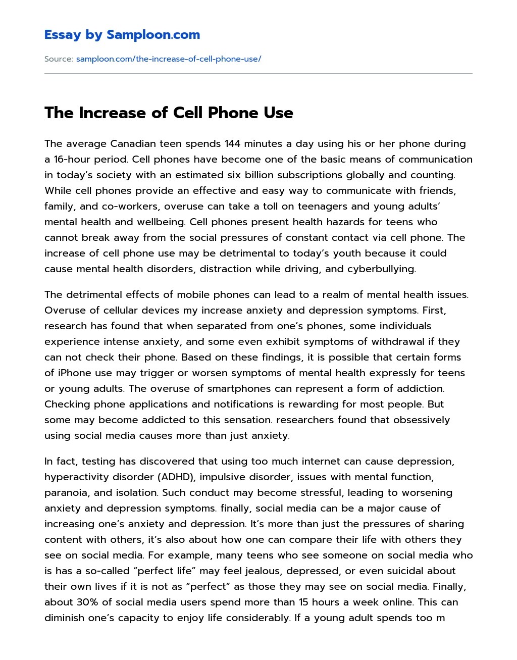 ≫ The Increase of Cell Phone Use Free Essay Sample on