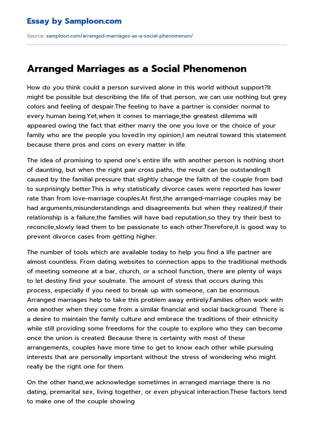 Arranged Marriages as a Social Phenomenon Argumentative Essay on