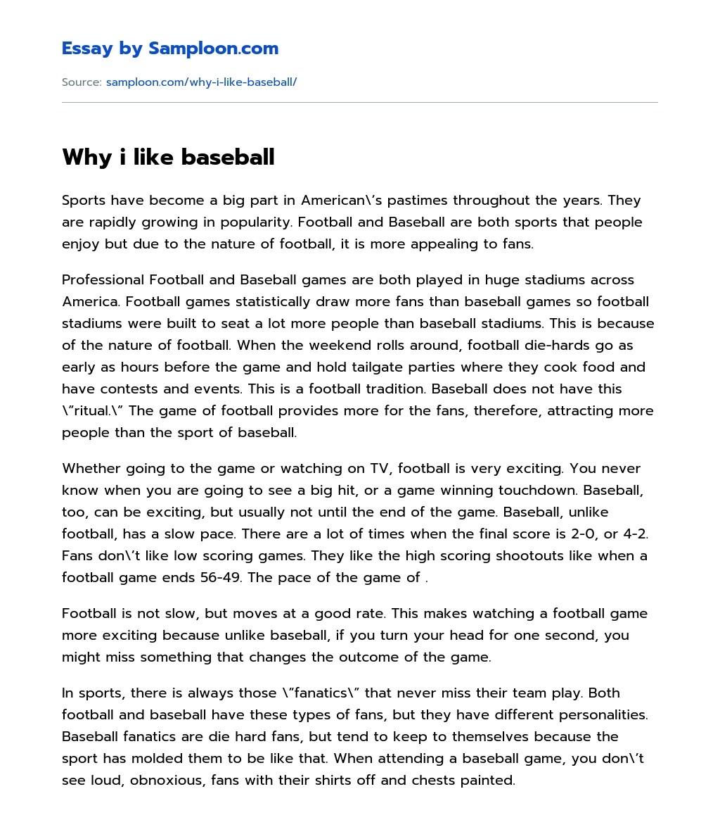 ≫ Why i like baseball Free Essay Sample on