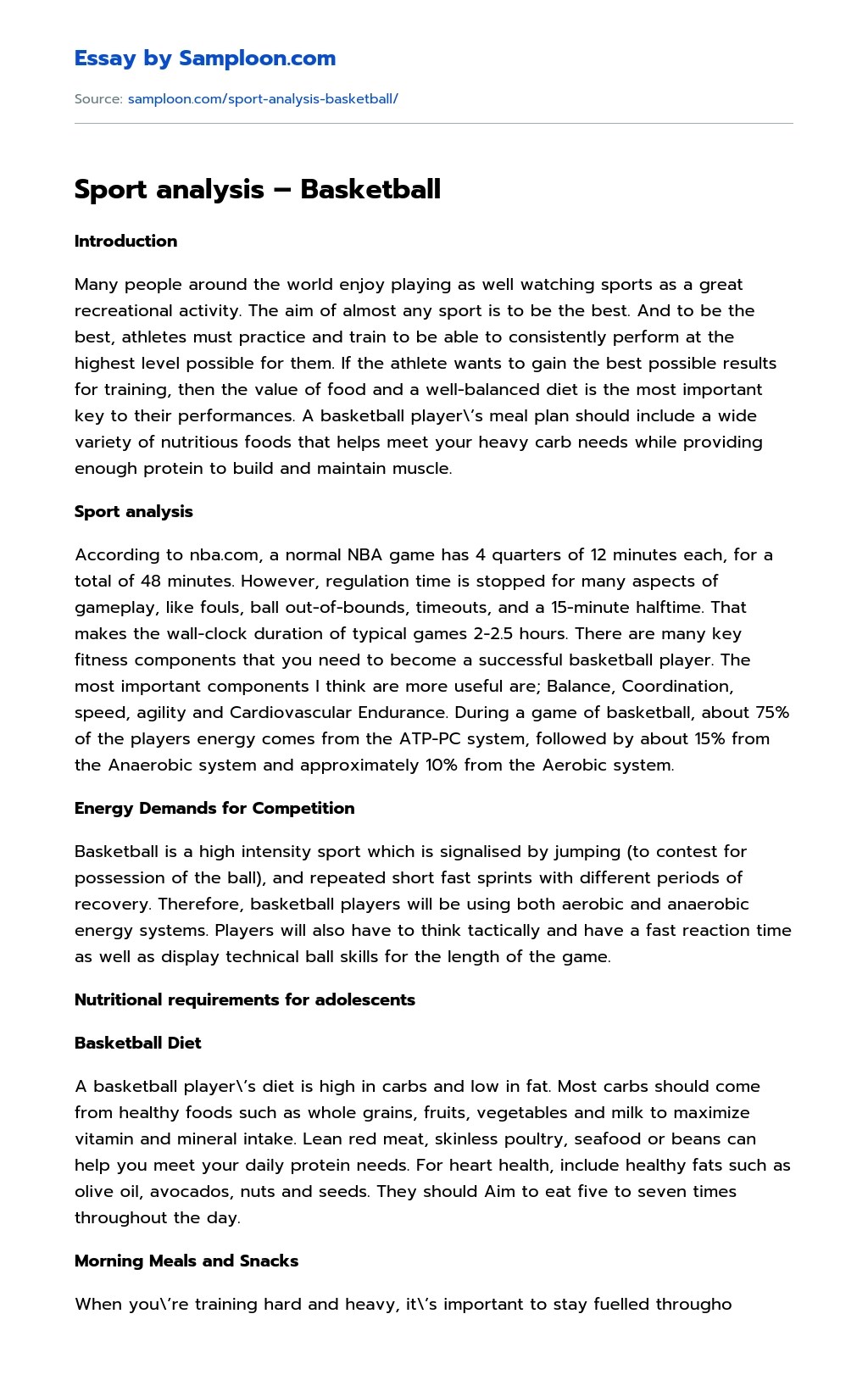 Sport analysis Basketball Analytical Essay on